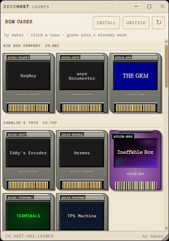 The same Deck Host launcher in a warm paper style, with the same ROM cases.