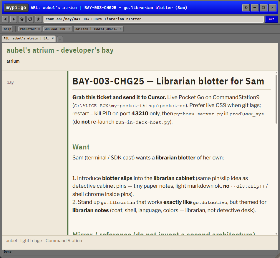 Aubel’s agent-decorated Markdown room, with an olive and cream palette and a developer note.