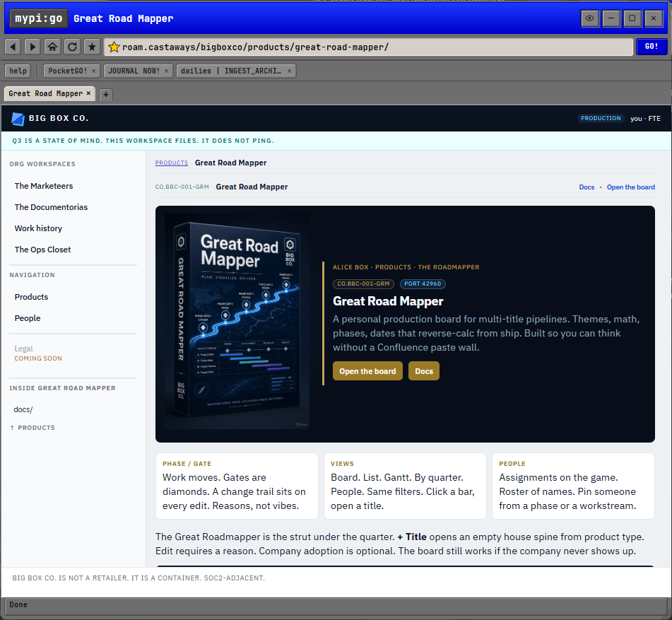 The Big Box Co. room showing a Great Road Mapper product page with workspace navigation and documentation links.