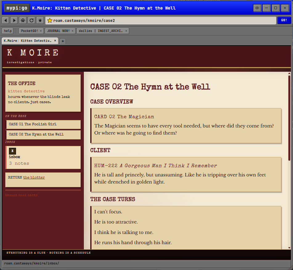 A burgundy and cream K. Moire detective room with a case file and office navigation.