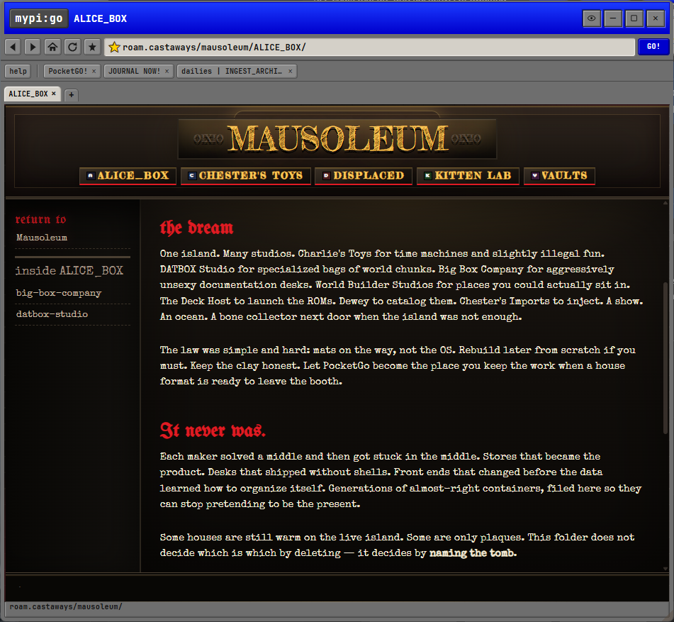 A black and gold Mausoleum room with ornate lettering, project tabs, and an archive page for ALICE_BOX.