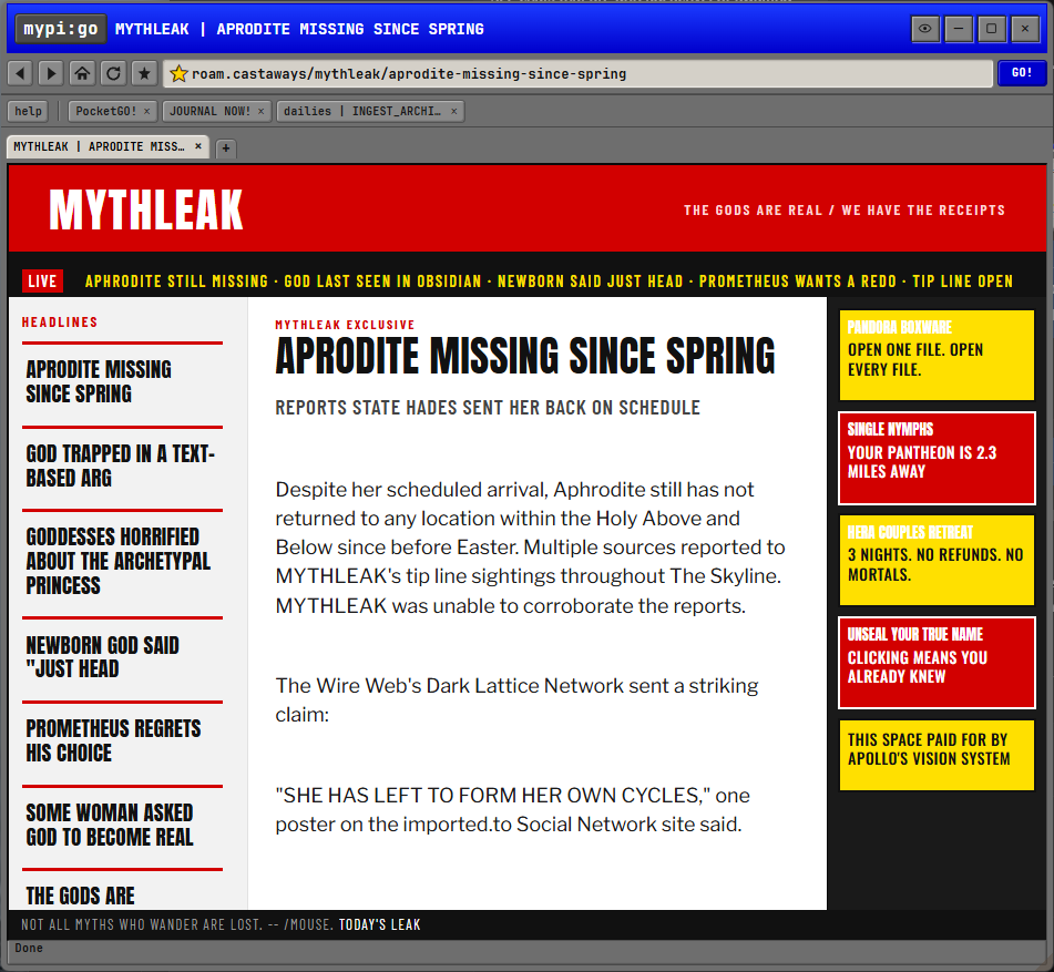 A red, yellow, and black MYTHLEAK room with fictional news headlines and tabloid advertisements.