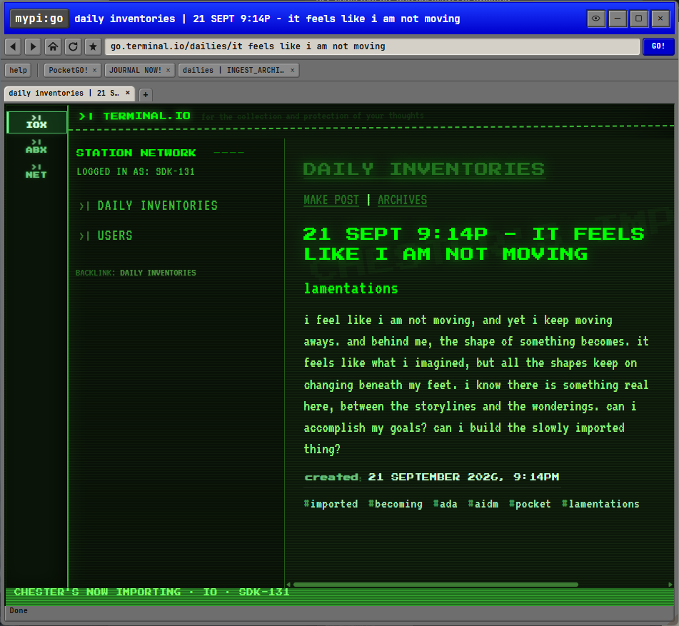 A daily journal with green terminal lettering, a dark background, and a station navigation sidebar.
